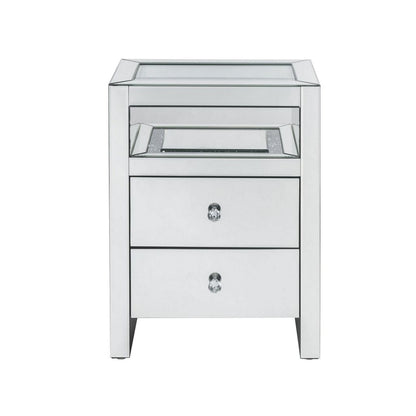 2 Drawer Beveled Mirrored Accent Table with Glass Top and LED, Silver - View 2