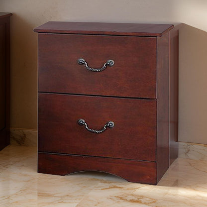 Bran 27 Inch 2 Drawer Nightstand, Pine Wood, Grain Details, Cherry Brown - View 7