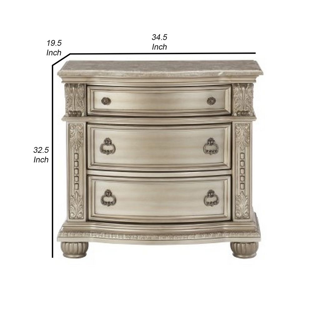 Caitlin 35 Inch 3 Drawer Nightstand with Marble Top, Leaf Carvings, Silver - View 5