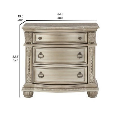 Caitlin 35 Inch 3 Drawer Nightstand with Marble Top, Leaf Carvings, Silver - View 5