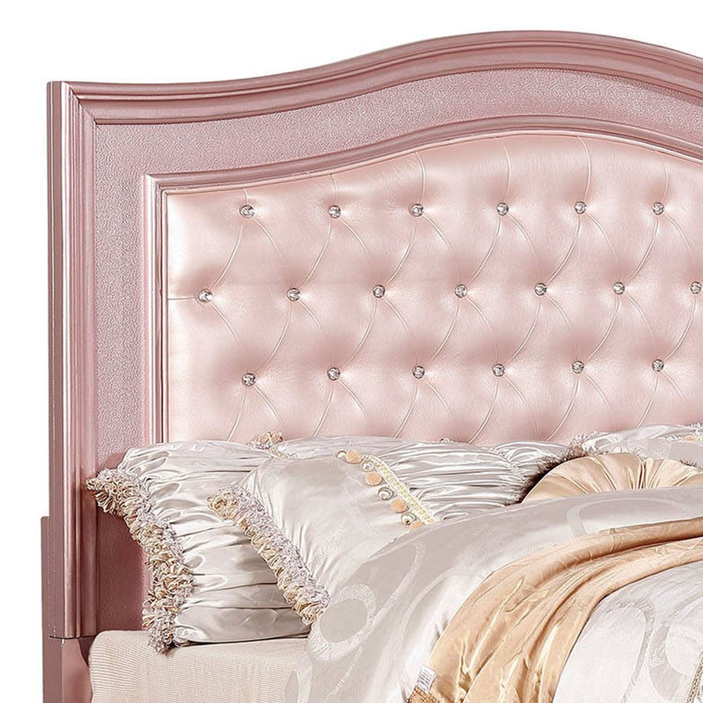 Full Size Wooden Bed With Mirror Trim Details and Camelback Headboard, Pink - View 4