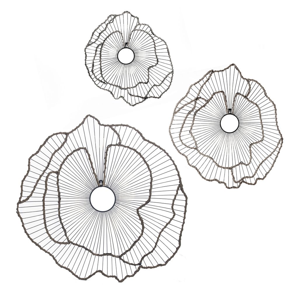 30, 24, 18 Inch Set of 3 Decorative Metal Flowers, Wall Decor Black, Gold