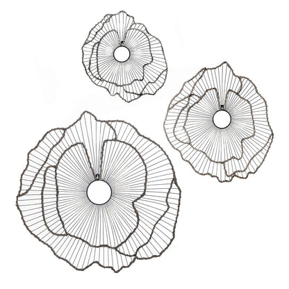 30, 24, 18 Inch Set of 3 Decorative Metal Flowers, Wall Decor Black, Gold