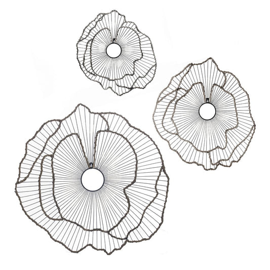 30, 24, 18 Inch Set of 3 Decorative Metal Flowers, Wall Decor Black, Gold