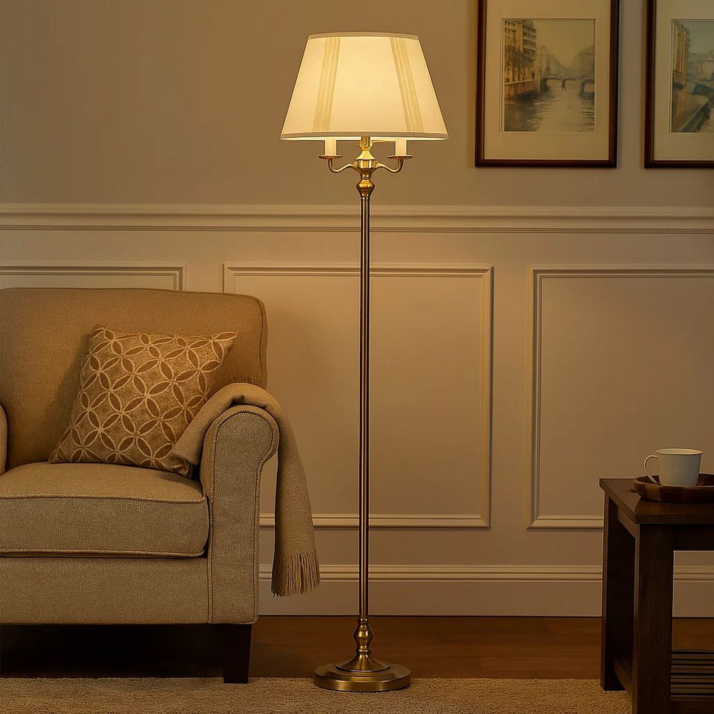 150 Watt 6 Way Metal Floor Lamp with Fabric Tapered Shade, Gold - View 7