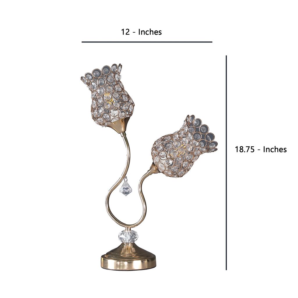 Metal Table Lamp with Floral Trumpet Shade and Crystal Accents, Gold - View 5