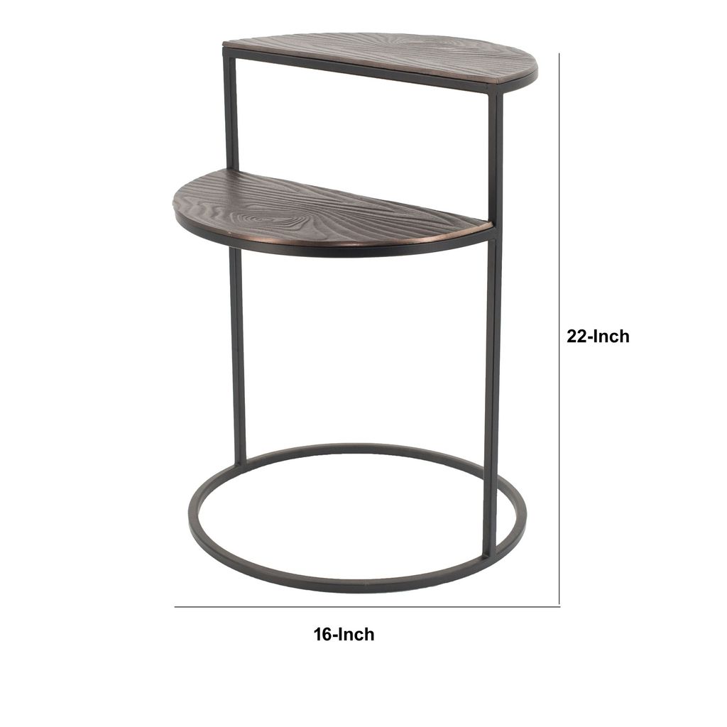 22 Inch Modern Metal Round Accent Table, 2 Half Circle Shelves, Wood, Brown - View 5