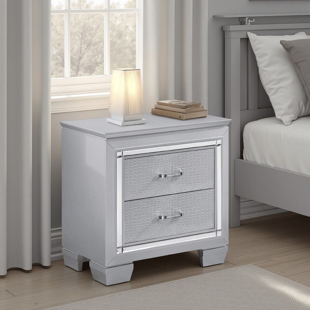 Mirror Accented Wooden Night Stand With 2 Drawer, Gray - View 7