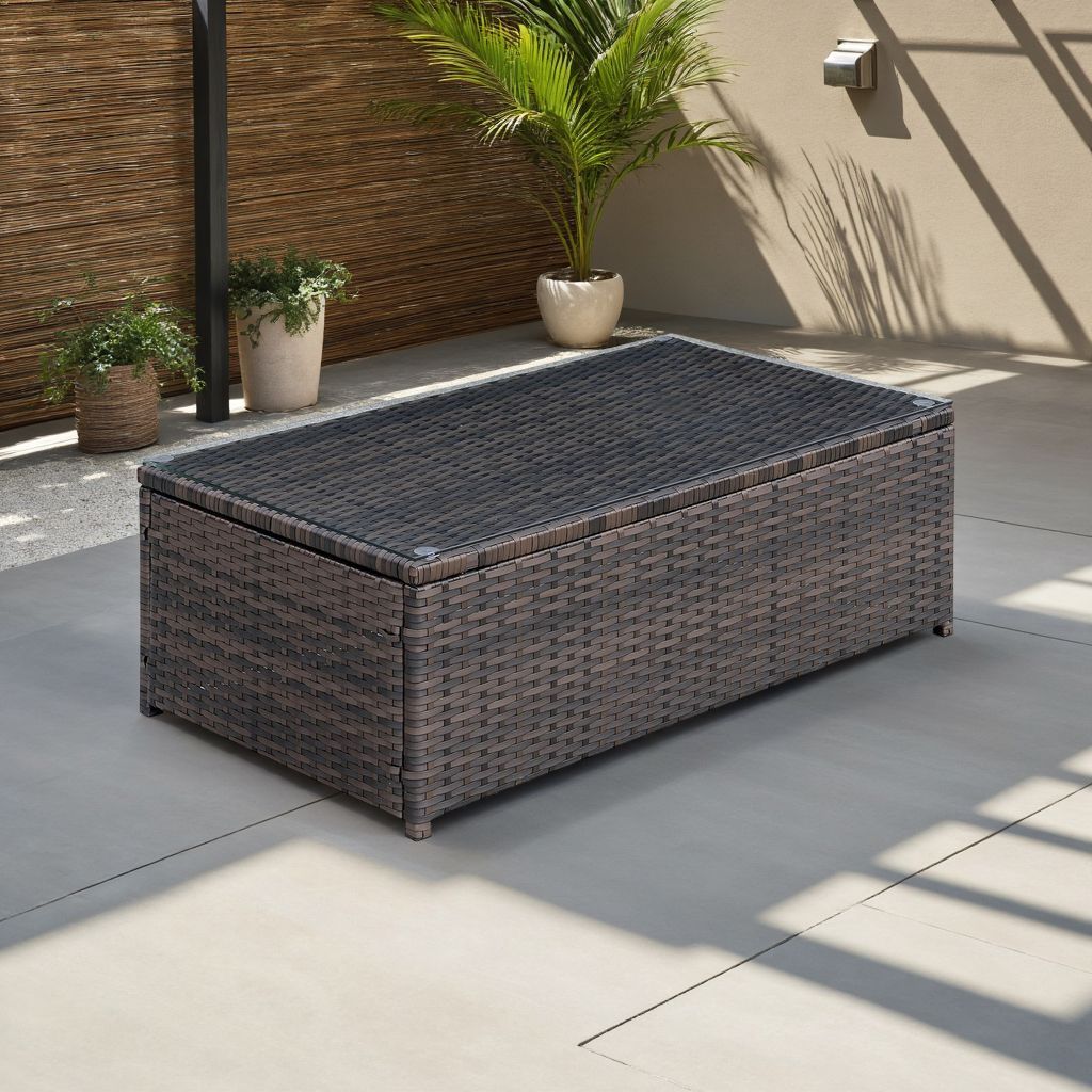 Rectangular Faux Rattan and Aluminum Coffee Table with Glass Top, Brown - View 7