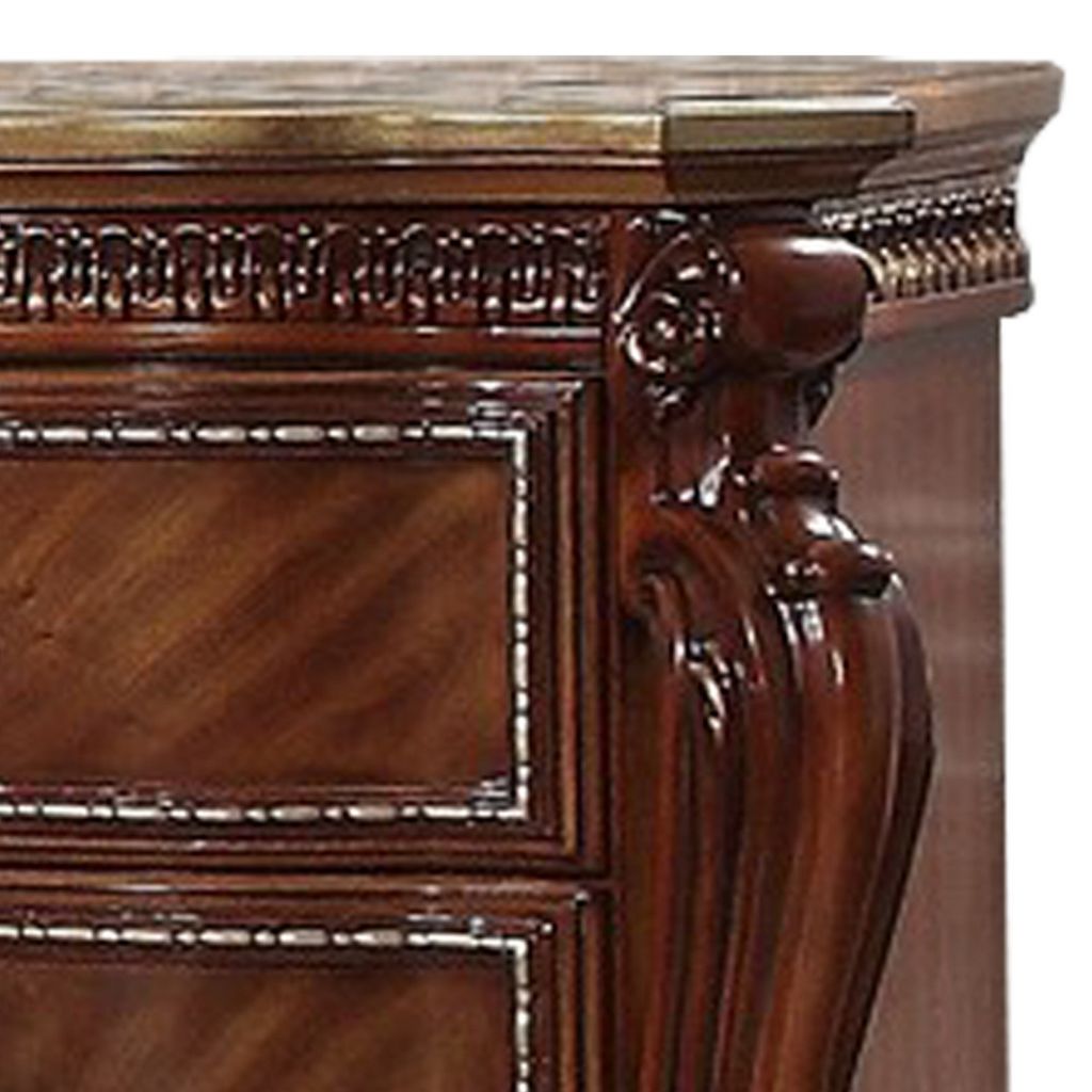 2 Drawer Wooden Nightstand with Metal Knobs and Carved Details, Brown - View 2