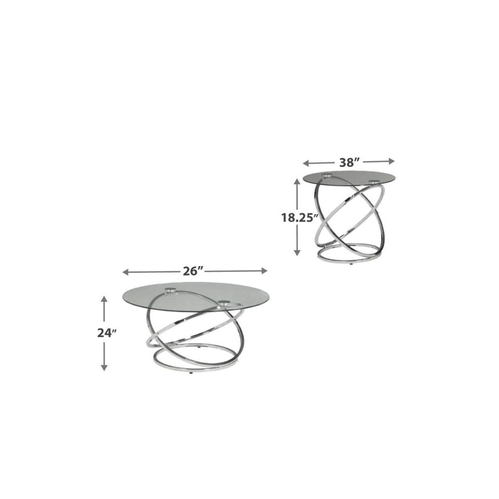 3-Piece Coffee and Side End Table Set | Round Glass Tops with Swirl Chrome Steel Bases | Silver - View 2