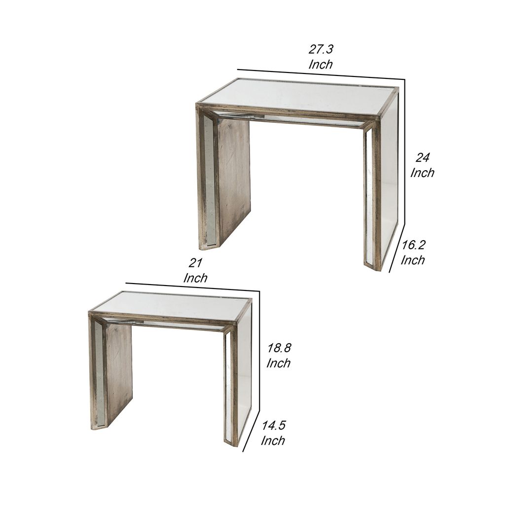 27, 21 Inch Nesting Side Table Set of 2, Mirrored Wood Frame, Silver - View 5