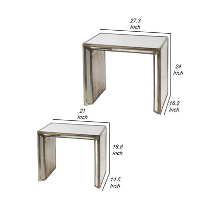 27, 21 Inch Nesting Side Table Set of 2, Mirrored Wood Frame, Silver - View 5