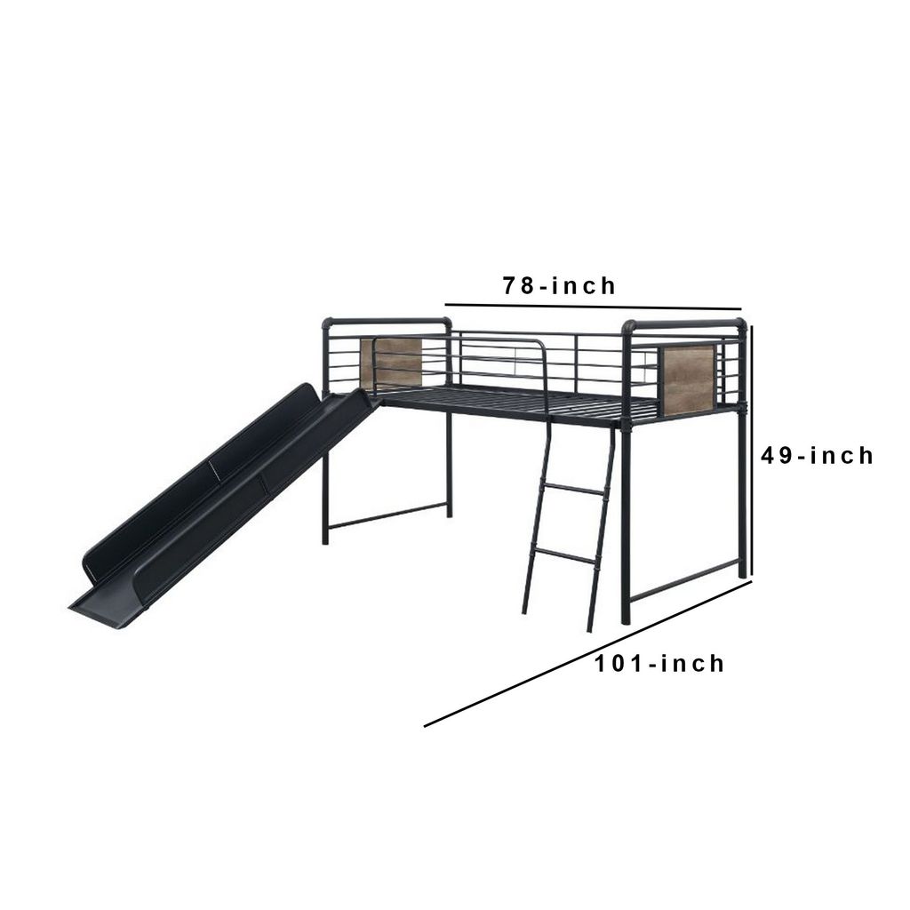 Twin Loft Bed with Tubular Metal Frame and Slide, Dark Bronze - View 6