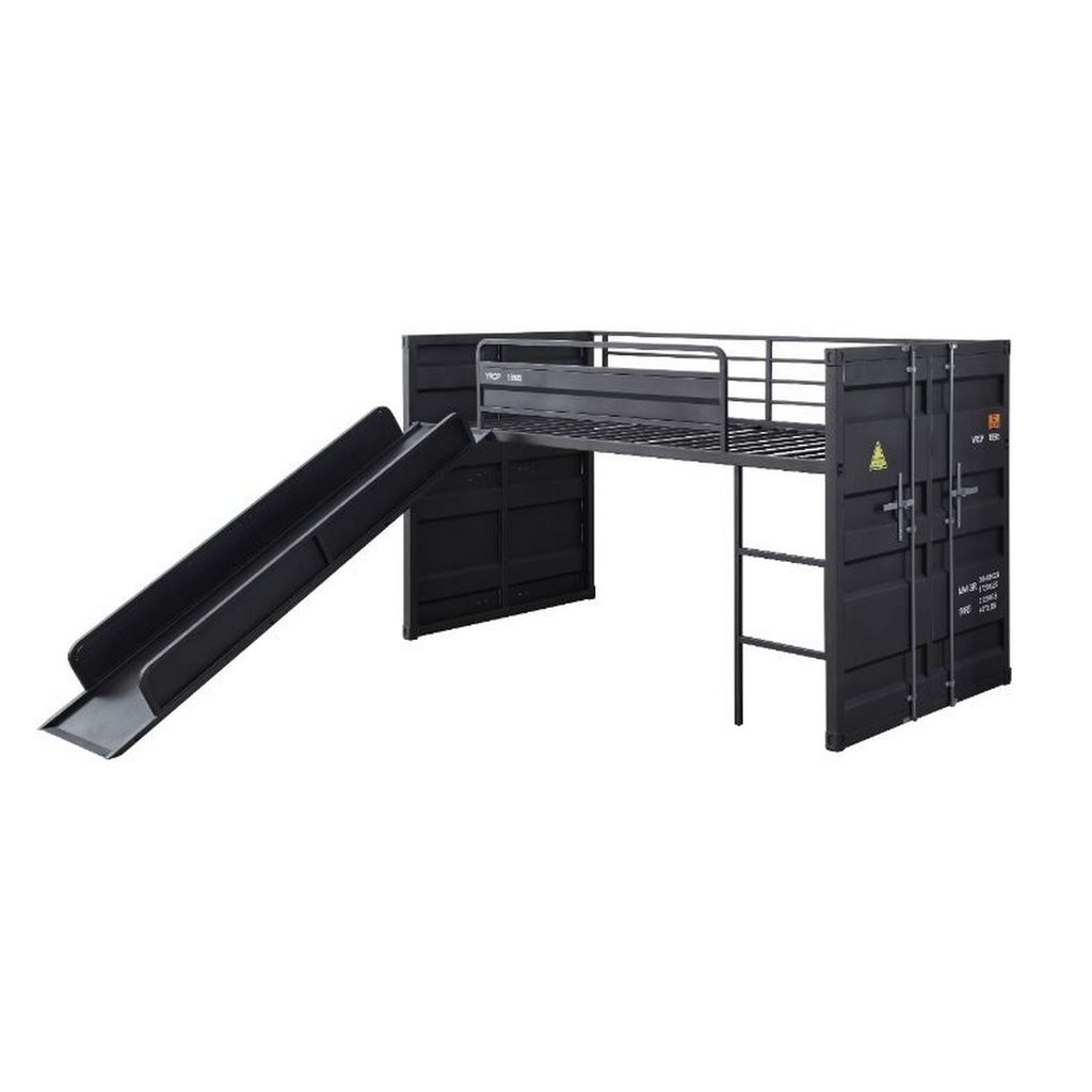 Twin Loft Bed with Metal Frame and Slide, Gray - View 4