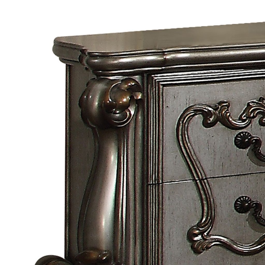Two Drawer Nightstand With Oversized Scrolled Legs In Antique Platinum Finish - View 2