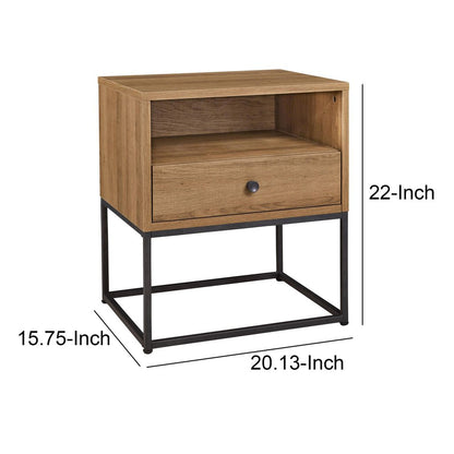 Mila 22 Inch Modern Wood Nightstand On Metal Base, Open Shelf, Light Brown - View 6