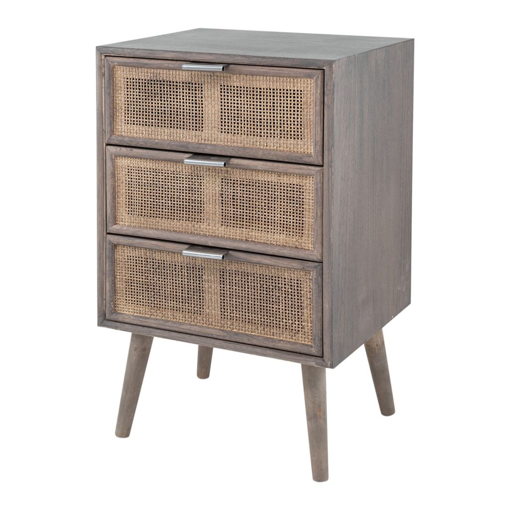 Cae 28 Inch Dresser Chest, 3 Drawers, Pine Wood, Rattan Panels, Dark Gray