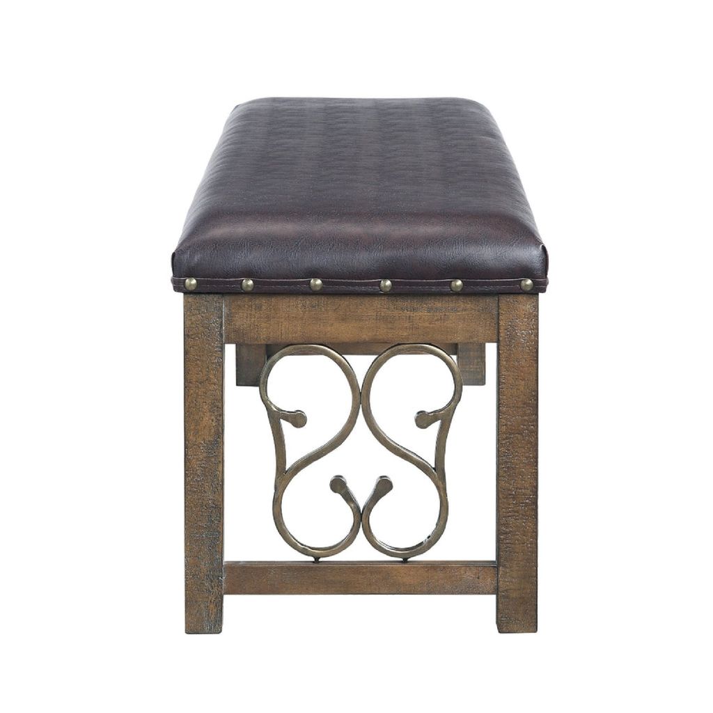 Ral 56 Inch Solid Wood Padded Bench, Metal Scroll Design, Nailhead, Brown - View 4