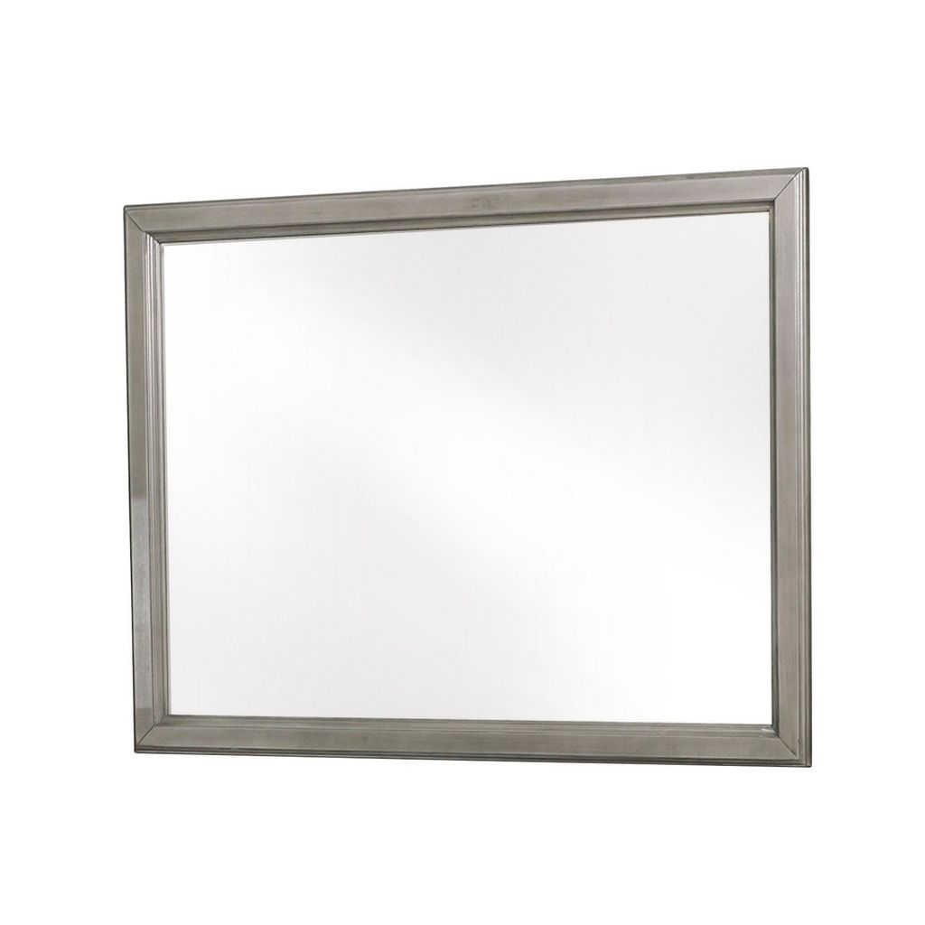 Wooden Square Mirror with Molded Details and Dual Texture, Gray - View 5