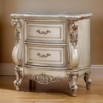 2 Drawer Nightstand With Raised Scrolled Floral Moulding, White - View 7