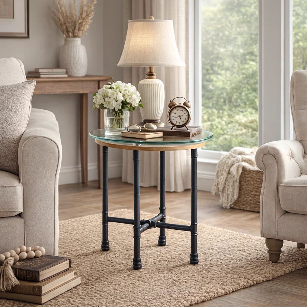 End Table with Round Glass Top and Metal Pipe Style Legs, Gray - View 7