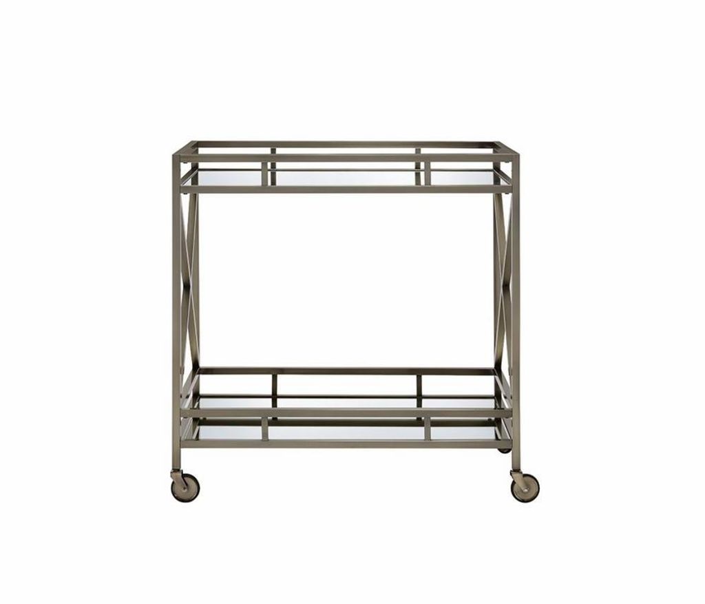 Metal Framed Two Tier Serving Cart with X Shaped Side Panels, Mirrored, Antique Gold - View 2