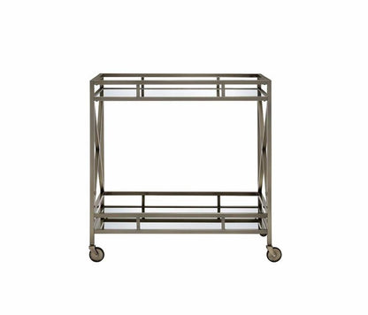 Metal Framed Two Tier Serving Cart with X Shaped Side Panels, Mirrored, Antique Gold - View 2