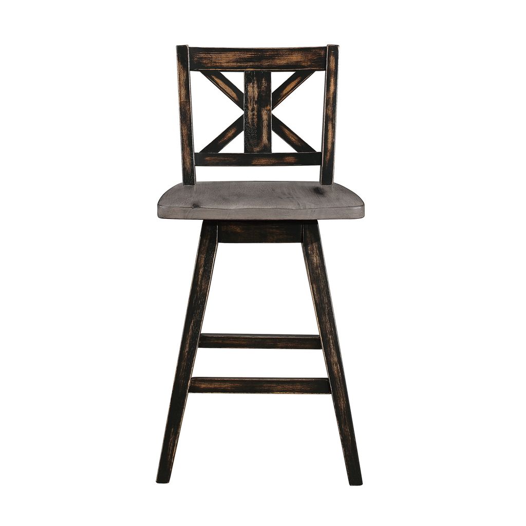 Farmhouse Swivel Counter Height Chair with X Shaped Back, Set of 2, Antique Gray, Black - View 2