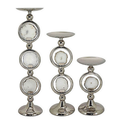22, 16, 10 Inch Pillar Candle Set of 3, Agate Stone, Silver Metal Frame - View 3