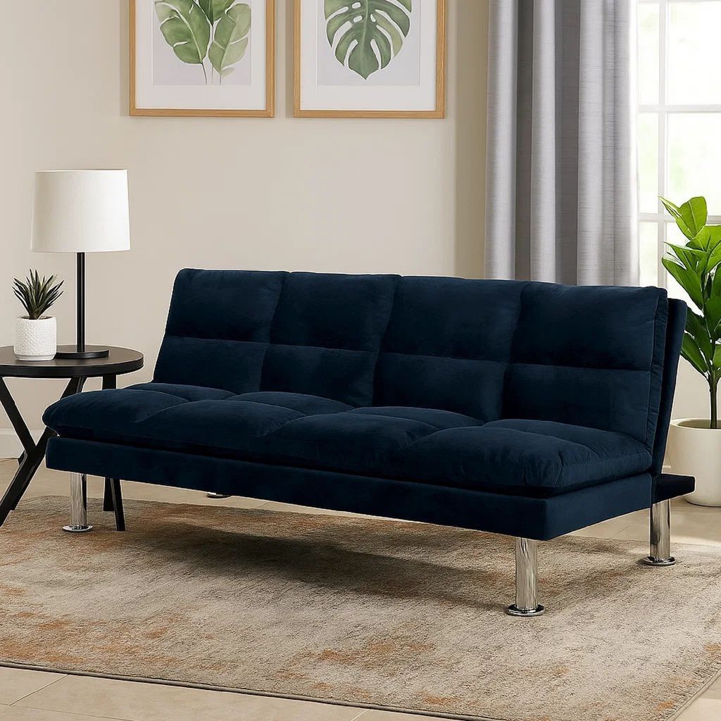 Futon Sofa with Tufted Padded Seating and Metal Legs, Blue - View 7