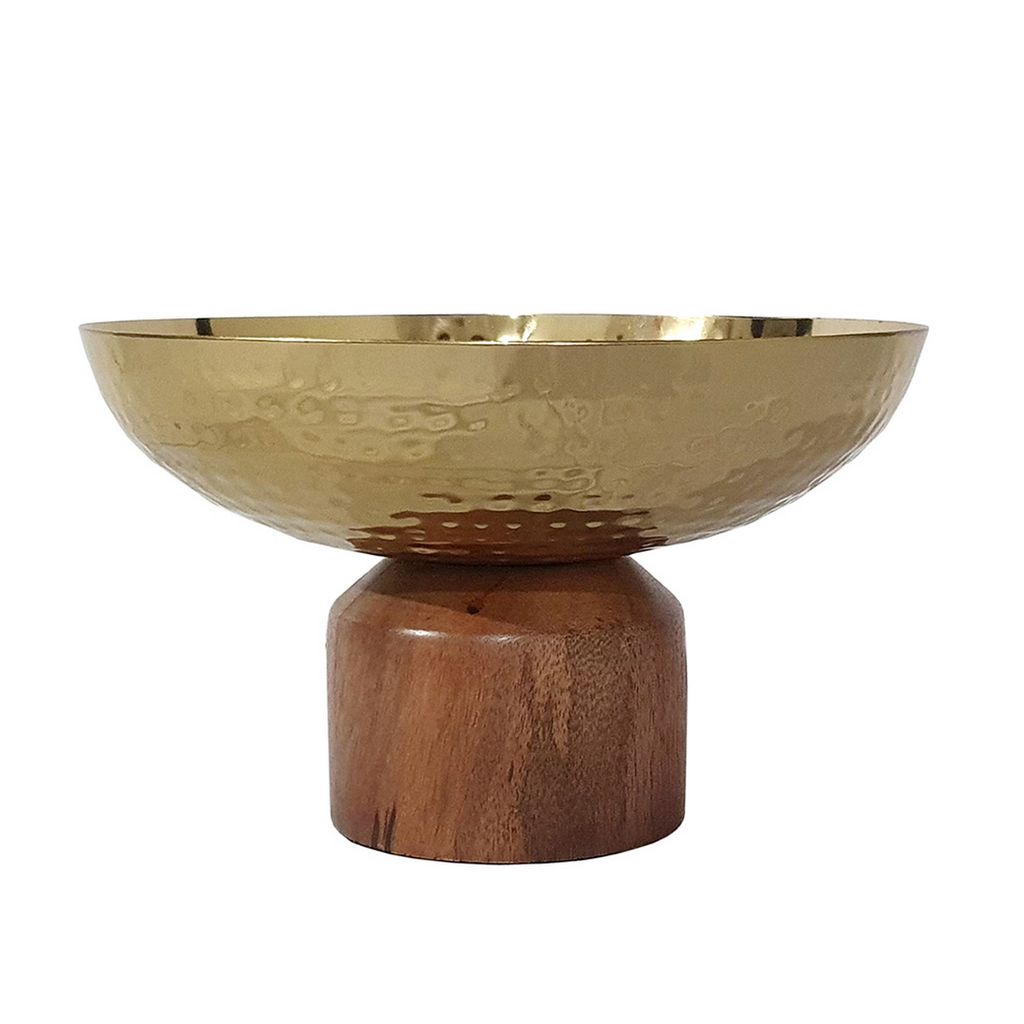 Roe 8 Inch Small Acacia Wood Table Bowl, Steel, Decorative, Gold and Brown - View 2