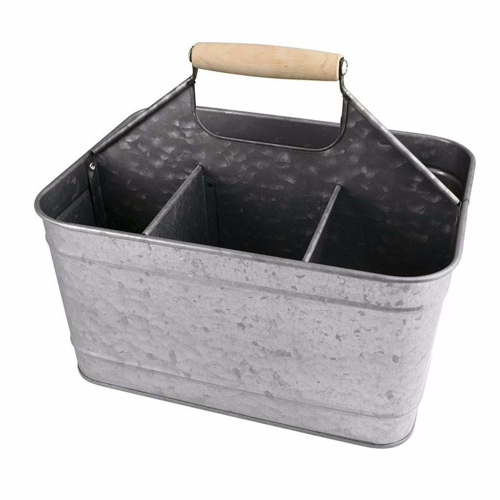 Metal Caddy Serveware with Mango Wood Handle, Rustic Galvanized Gray 
