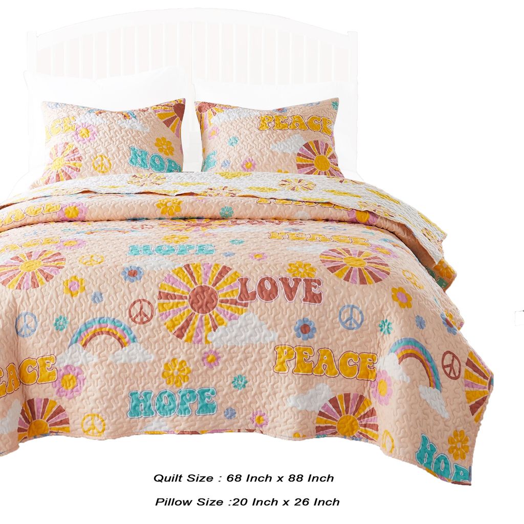 Berlin 2 Piece Microfiber Rainbows and Clouds Print Twin Quilt Set, Beige - View 5