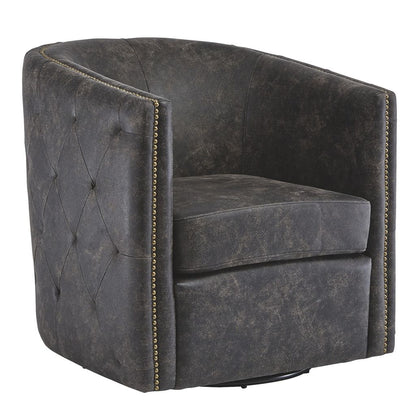 31 Inch Barrel Back Leatherette Swivel Accent Chair, Black