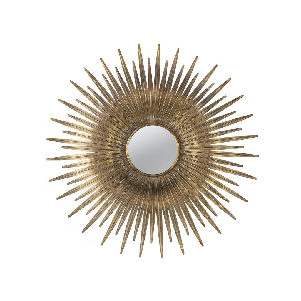 28 Inch Wall Mount Accent Mirror with Round Sunburst Iron Frame,  Gold