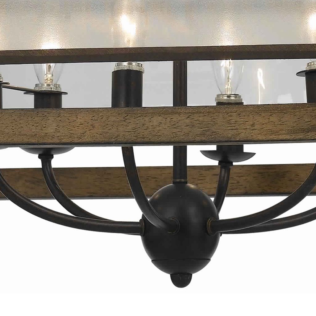 6 Bulb Square Chandelier with Wooden Frame and Organza Striped Shade, Brown - View 2