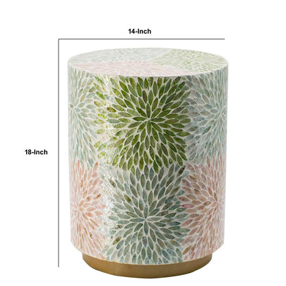 14 Inch Cylindrical Capiz Shell Accent Table Stool, Elegant Leaves Pattern - View 6