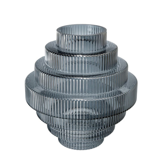 Rae 10 Inch Glass Vase, Geometric Round, Contemporary, Smokey Blue, Clear