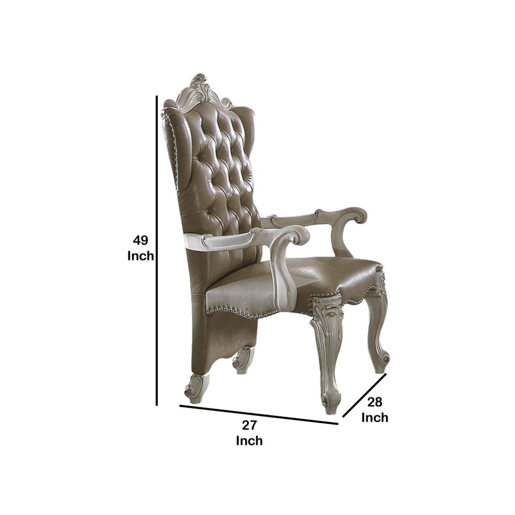 Faux Leather Upholstered Wooden Arm Chairs, Set of Two, White and Gray - View 6