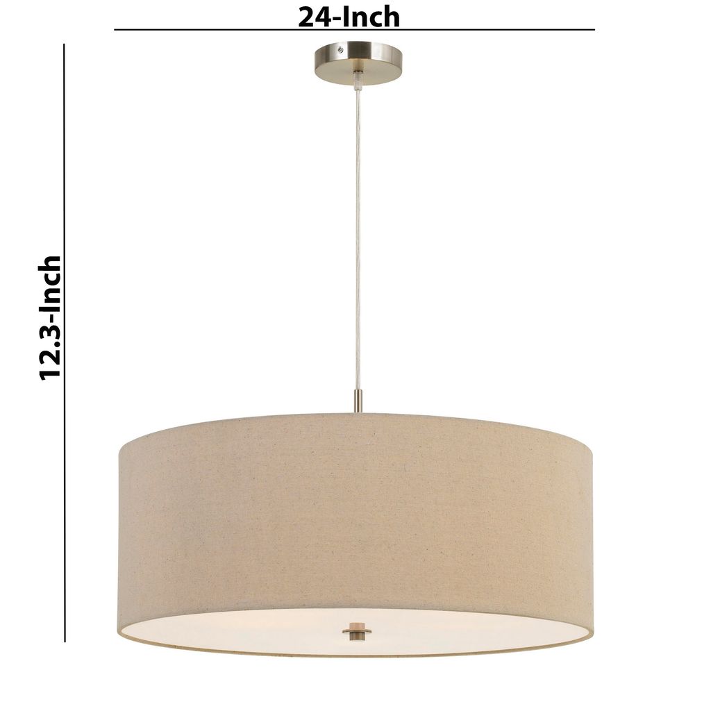 60W x 3 Drum Shade Pendant Fixture, Beige and Silver - View 5