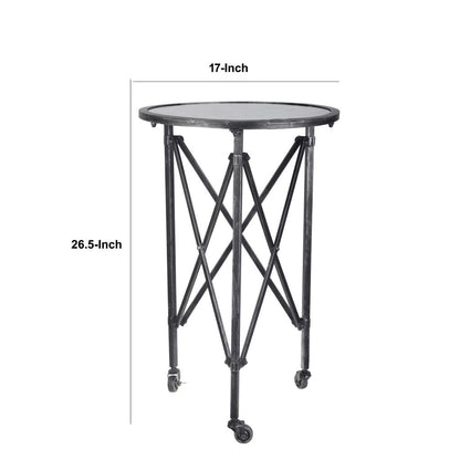 27 Inch Side Table, Round Metal Body, Glass Tabletop, 3 Wheels, Silver - View 6