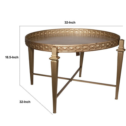 32 Inch Metal Cocktail Table, Circular Pattern Edged Round Top, Copper - View 5