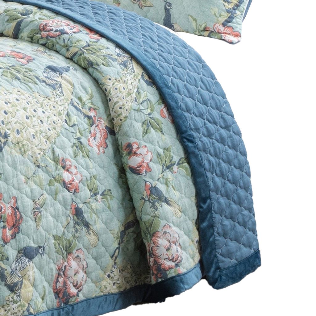 Eden 3 Piece King Quilt Set, Peacock Print, Green Microfiber - View 4