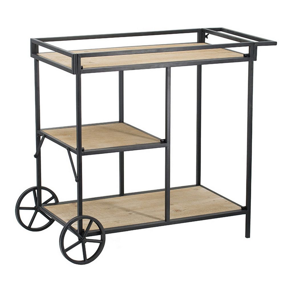 32 Inch Bar Cart, 3 Tiers, Fir Wood Shelves, Iron Frame, Black, Brown - View 3