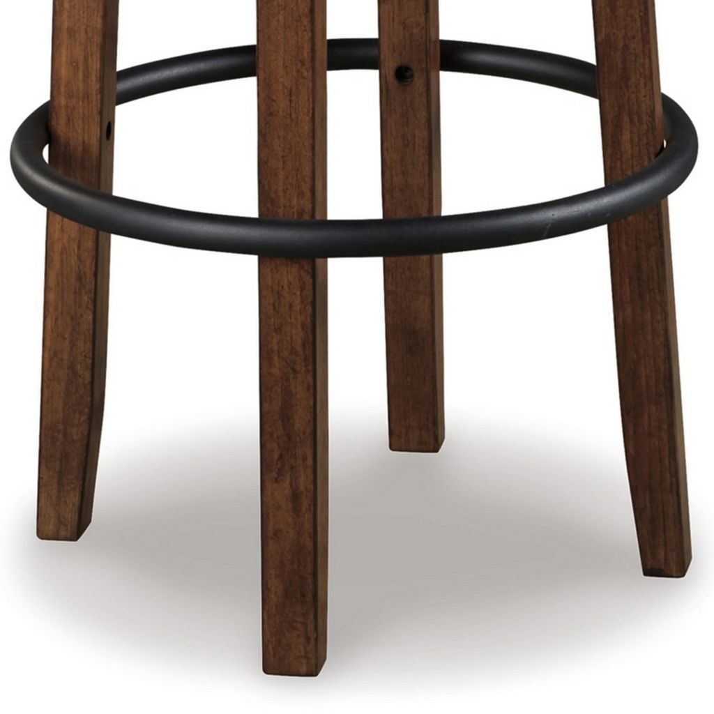 Zane 30 Inch Swivel Barstool, Round Cushioned Seat, Rich Brown Wood Frame - View 4