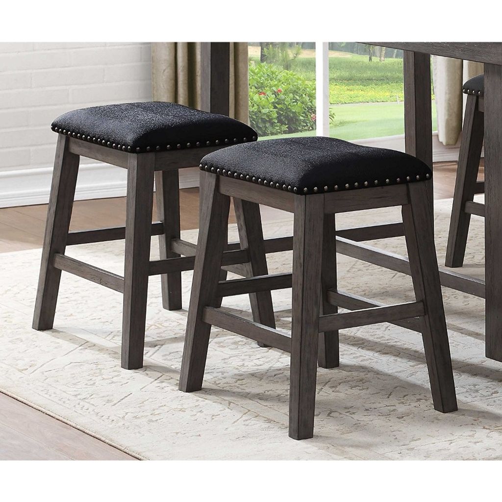 Wood & Leather CoUnter Height Stool with Nail head Trim, Set of 2, Black & Gray - View 3