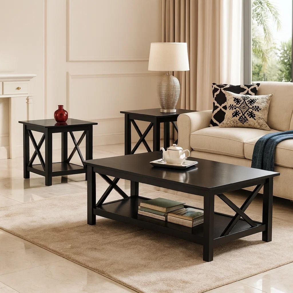 Wooden Table Set With X Design On Sides, Pack Of Three, Dark Brown - View 7