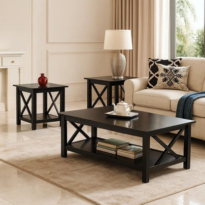 Wooden Table Set With X Design On Sides, Pack Of Three, Dark Brown - View 7