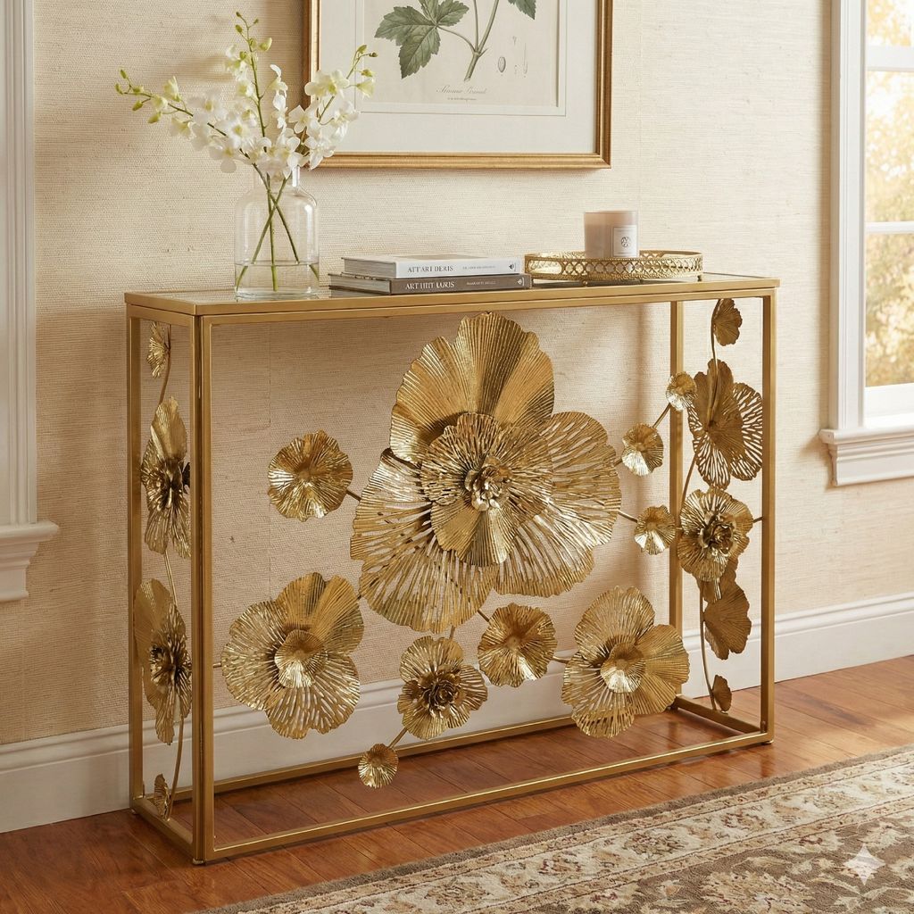39 Inch Mirrored Top Console Table, Elegant Floral Design, Iron, Matte Gold - View 7